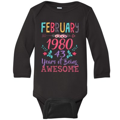 February 1980 43rd Birthday Gift 43 Years Old Baby Long Sleeve Bodysuit