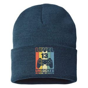 Funny 13th Birthday Gift Boy Level 13 Unlocked Teenager Sustainable Knit Beanie