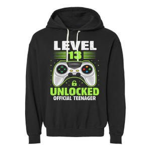 Funny 13th Birthday Gift Boy Level 13 Unlocked Teenager Garment-Dyed Fleece Hoodie