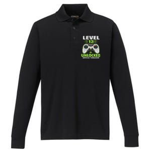 Funny 13th Birthday Gift Boy Level 13 Unlocked Teenager Performance Long Sleeve Polo