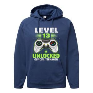 Funny 13th Birthday Gift Boy Level 13 Unlocked Teenager Performance Fleece Hoodie