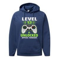 Funny 13th Birthday Gift Boy Level 13 Unlocked Teenager Performance Fleece Hoodie