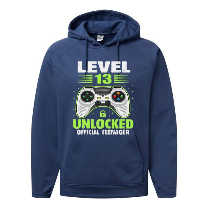 Funny 13th Birthday Gift Boy Level 13 Unlocked Teenager Performance Fleece Hoodie