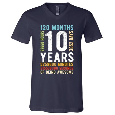 Funny 10th Birthday, 10 Years Old, Vintage Retro 120 Months 1 V-Neck T-Shirt