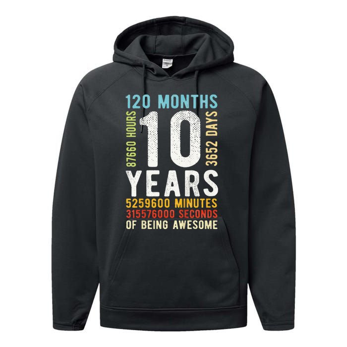 Funny 10th Birthday 10 Years Old Vintage Retro 120 Months Performance Fleece Hoodie