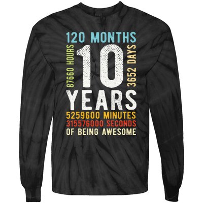 Funny 10th Birthday 10 Years Old Vintage Retro 120 Months Tie-Dye Long Sleeve Shirt