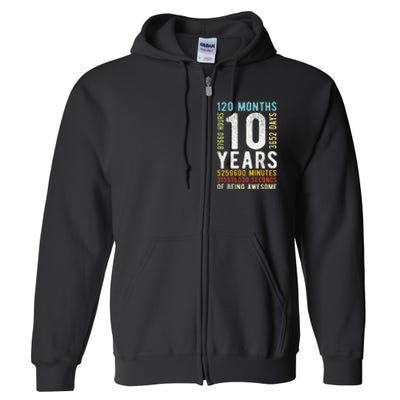 Funny 10th Birthday 10 Years Old Vintage Retro 120 Months Full Zip Hoodie