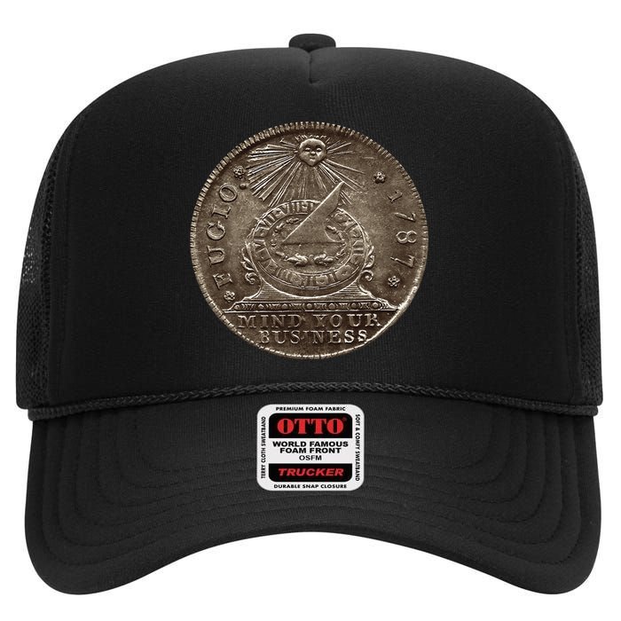 Fugio 1787 Cent Coin Mind Your Business United States Money High Crown Mesh Back Trucker Hat