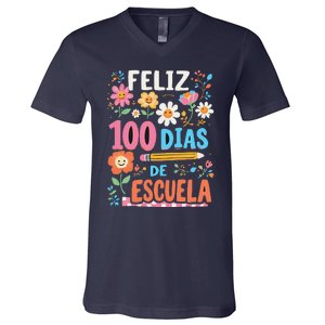 Feliz 100 Diaz De Escuela 100th Day School Spanish Teacher V-Neck T-Shirt