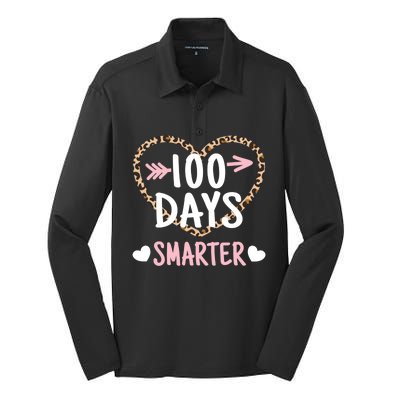 Funny 100th Day Of School 100 Days Smarter Leopard Heart Gift Silk Touch Performance Long Sleeve Polo