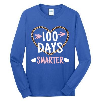 Funny 100th Day Of School 100 Days Smarter Leopard Heart Gift Tall Long Sleeve T-Shirt