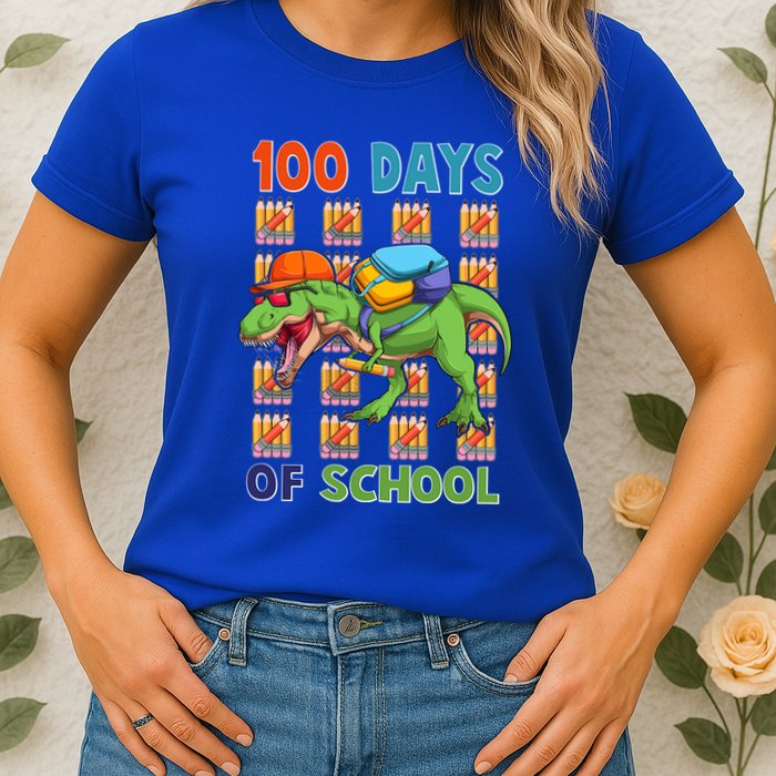 Funny 100 Days Of School Trex Dinosaur Womens T-Shirt