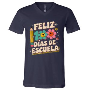 Feliz 100 Diaz De Escuela 100th Day School Spanish Teacher V-Neck T-Shirt