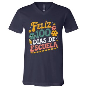 Feliz 100 Diaz De Escuela 100th Day School Spanish Teacher V-Neck T-Shirt