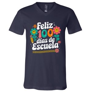 Feliz 100 Diaz De Escuela 100th Day School Spanish Teacher V-Neck T-Shirt