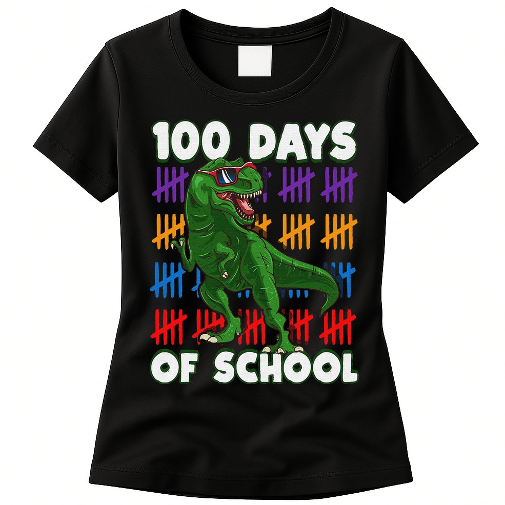 Funny 100 Days Of School 100th Day Of School Dino Womens T-Shirt