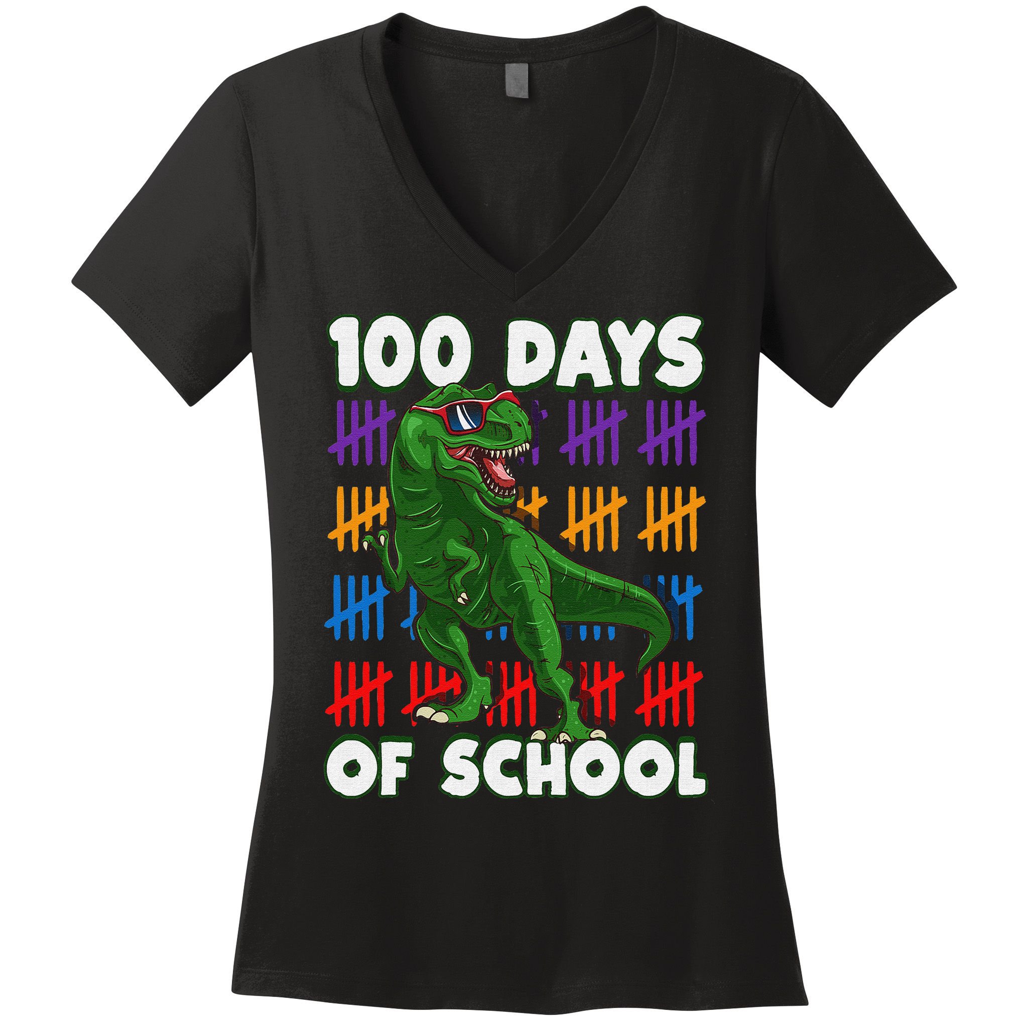 Funny 100 Days Of School 100th Day Of School Dino Women's V-Neck T-Shirt