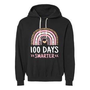 Funny 100th Day Of School 100 Days Smarter Leopard Rainbow Garment-Dyed Fleece Hoodie