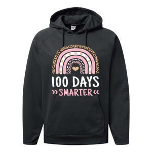 Funny 100th Day Of School 100 Days Smarter Leopard Rainbow Performance Fleece Hoodie