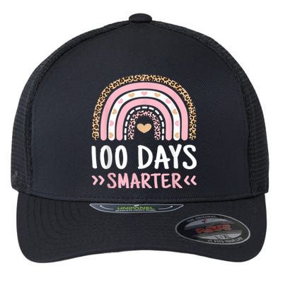 Funny 100th Day Of School 100 Days Smarter Leopard Rainbow Flexfit Unipanel Trucker Cap