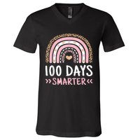 Funny 100th Day Of School 100 Days Smarter Leopard Rainbow V-Neck T-Shirt