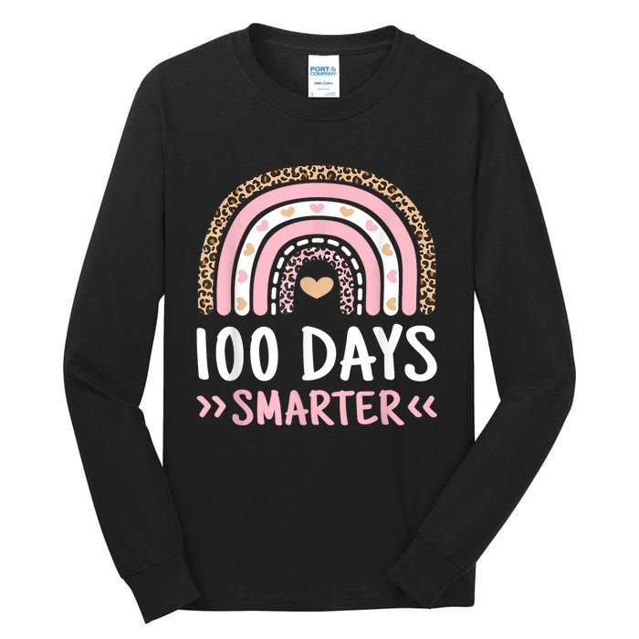 Funny 100th Day Of School 100 Days Smarter Leopard Rainbow Tall Long Sleeve T-Shirt