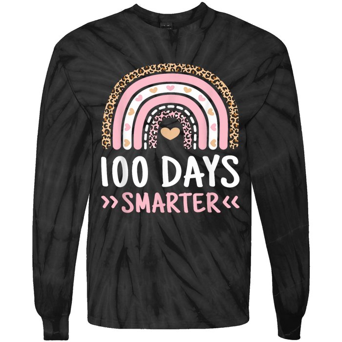 Funny 100th Day Of School 100 Days Smarter Leopard Rainbow Tie-Dye Long Sleeve Shirt