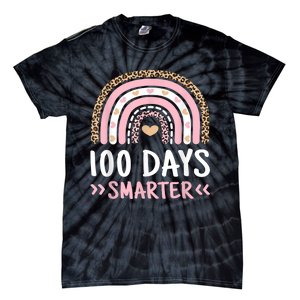 Funny 100th Day Of School 100 Days Smarter Leopard Rainbow Tie-Dye T-Shirt