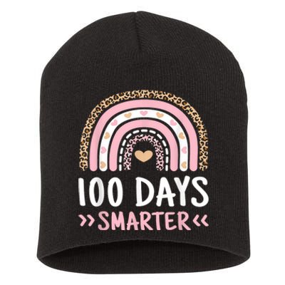 Funny 100th Day Of School 100 Days Smarter Leopard Rainbow Short Acrylic Beanie