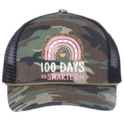 Funny 100th Day Of School 100 Days Smarter Leopard Rainbow Retro Rope Trucker Hat Cap