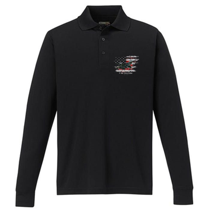 F 16 Falcon U.S Military Fighter Fighting Jet Pilot Veteran Performance Long Sleeve Polo