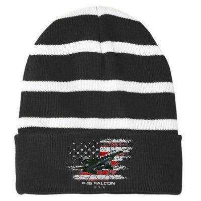 F 16 Falcon U.S Military Fighter Fighting Jet Pilot Veteran Striped Beanie with Solid Band