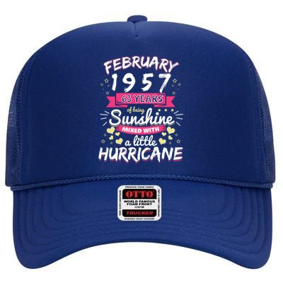 February 1957 Girl 63 Years Being Sunshine Mixed Hurricane Gift High Crown Mesh Back Trucker Hat