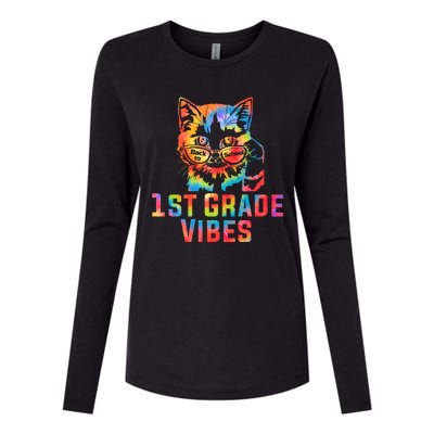 First 1st Grade Vibes Back To School Cat Kitty Girl Tie Dye Gift Womens Cotton Relaxed Long Sleeve T-Shirt