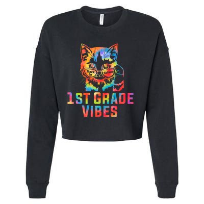 First 1st Grade Vibes Back To School Cat Kitty Girl Tie Dye Gift Cropped Pullover Crew