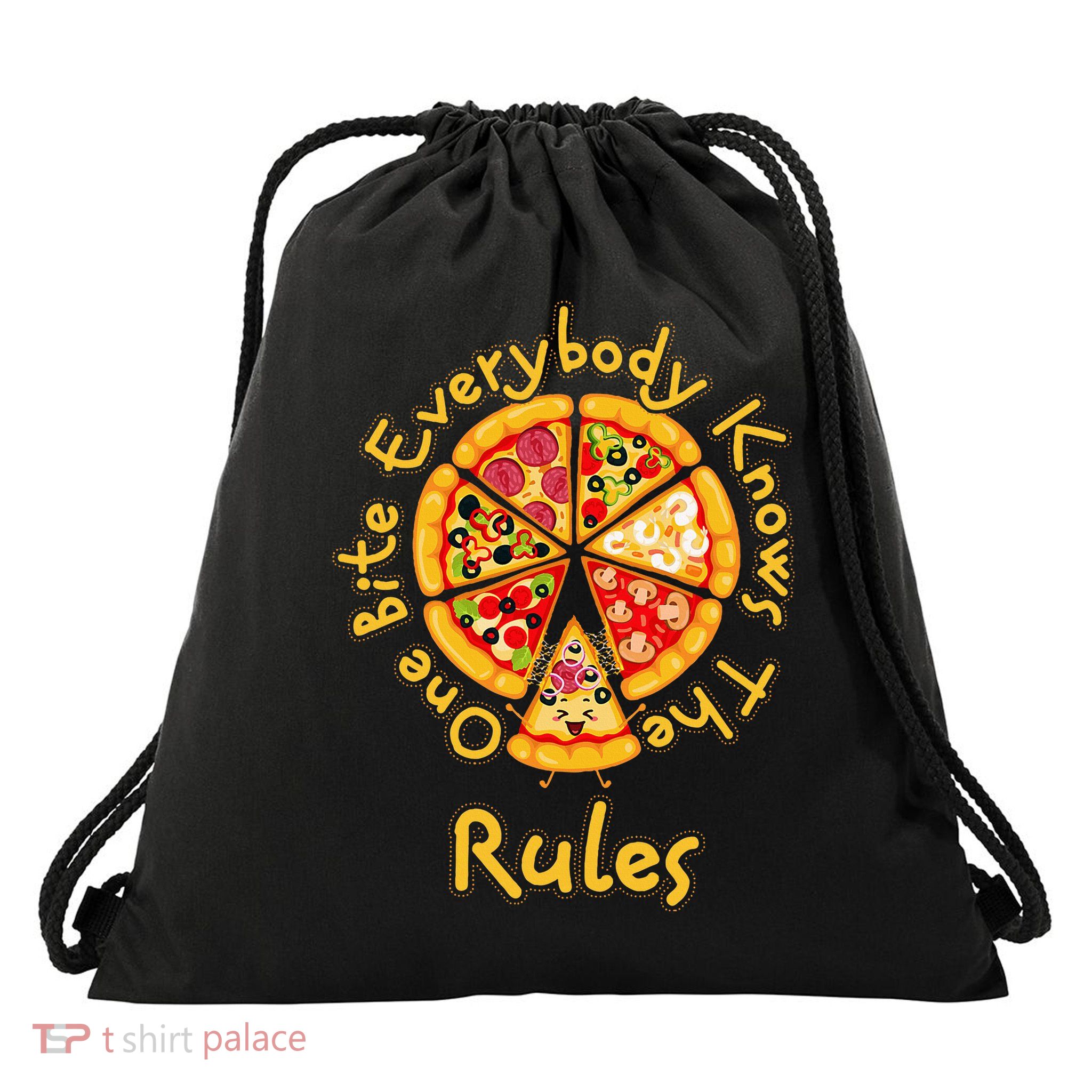 Funny 1 One Bite Everybody Knows Rules Pizza Food Lover Drawstring Bag