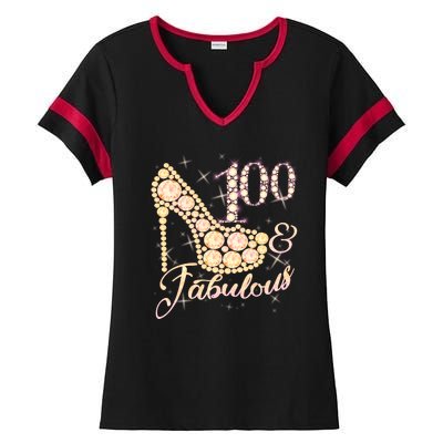 Fabulous & 100 Sparkly Heel 100th Birthday Ladies Halftime Notch Neck Tee