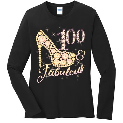 Fabulous & 100 Sparkly Heel 100th Birthday Ladies Long Sleeve Shirt