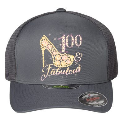 Fabulous & 100 Sparkly Heel 100th Birthday Flexfit Unipanel Trucker Cap