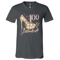 Fabulous & 100 Sparkly Heel 100th Birthday V-Neck T-Shirt