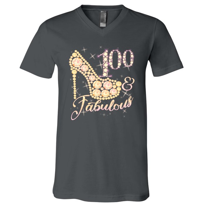 Fabulous & 100 Sparkly Heel 100th Birthday V-Neck T-Shirt