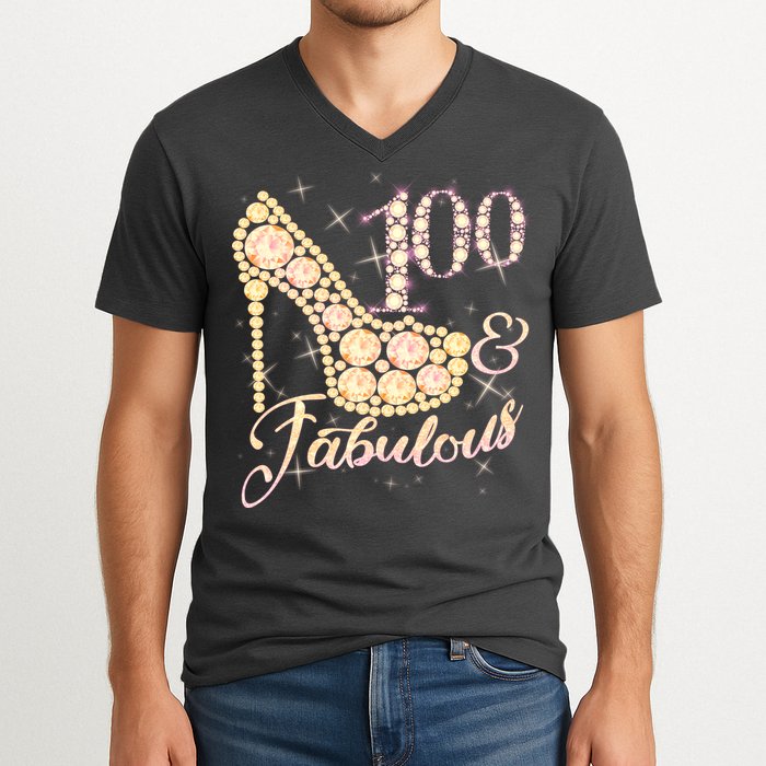 Fabulous & 100 Sparkly Heel 100th Birthday V-Neck T-Shirt