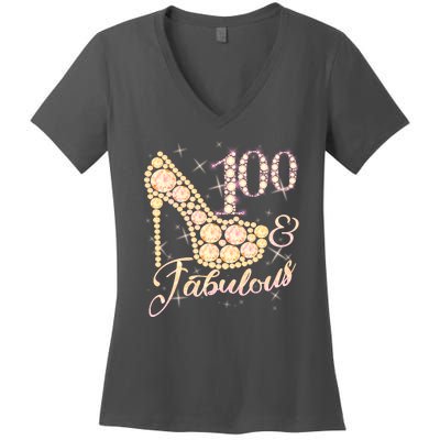 Fabulous & 100 Sparkly Heel 100th Birthday Women's V-Neck T-Shirt