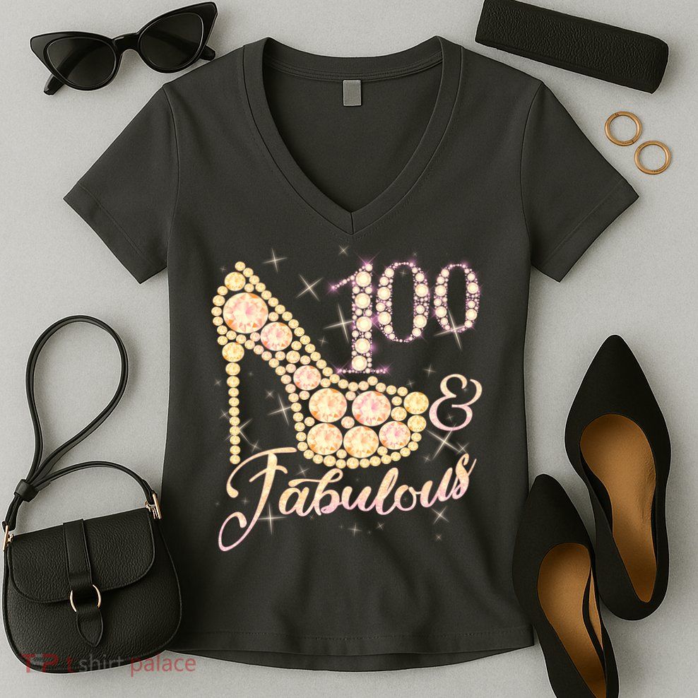 Fabulous & 100 Sparkly Heel 100th Birthday Women's V-Neck T-Shirt