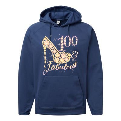 Fabulous & 100 Sparkly Heel 100th Birthday Performance Fleece Hoodie