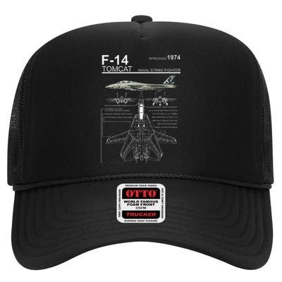 F 14 Tomcat Fighter Jet Diagram Graphic High Crown Mesh Back Trucker Hat