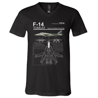 F 14 Tomcat Fighter Jet Diagram Graphic V-Neck T-Shirt