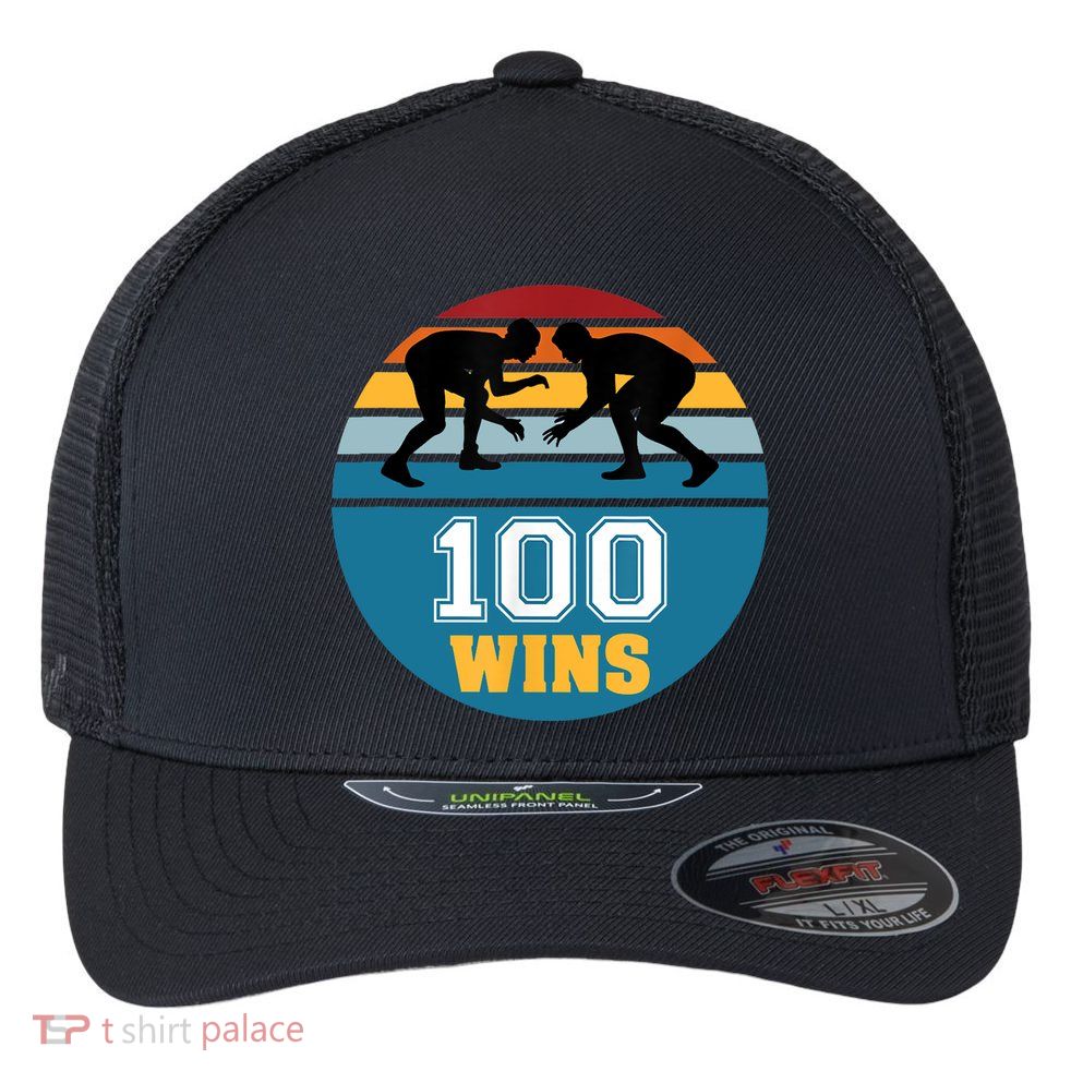 Funny 100 Wins Wrestling Gift Flexfit Unipanel Trucker Cap