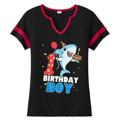 Funny 1 Year Old Shark OceanTheme Party 1st Birthday Boy Ladies Halftime Notch Neck Tee