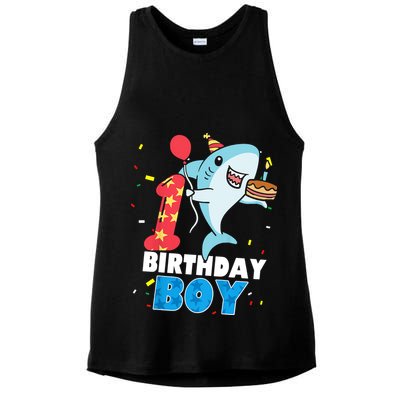 Funny 1 Year Old Shark OceanTheme Party 1st Birthday Boy Ladies PosiCharge Tri-Blend Wicking Tank